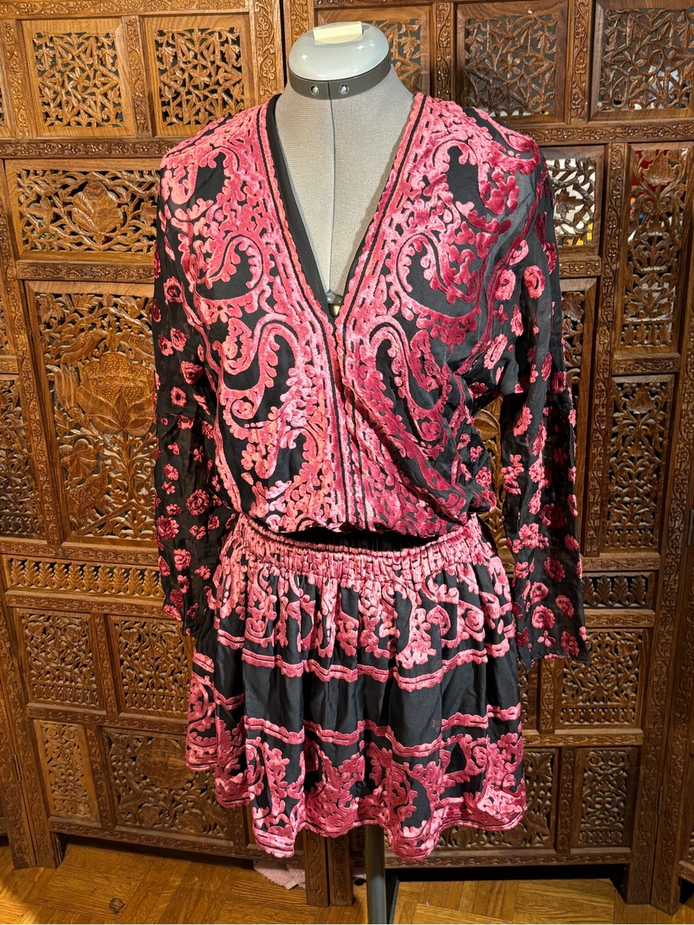 Ramy Brook Black Dress with Pink Raised Motif